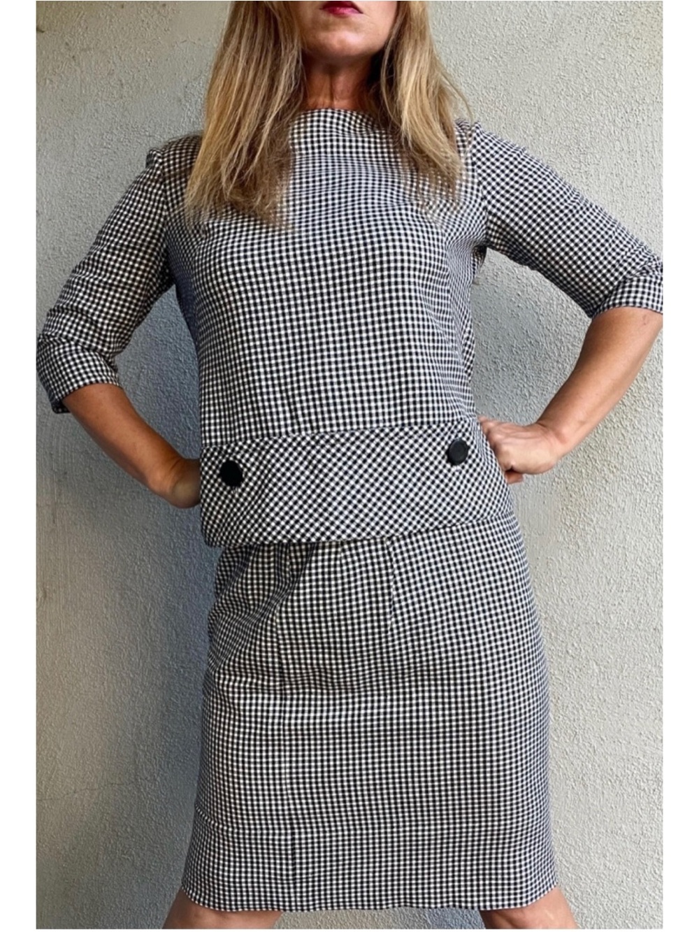 Vintage 60s Nelly Don Houndstooth Black & White Checkered Skirt Suit